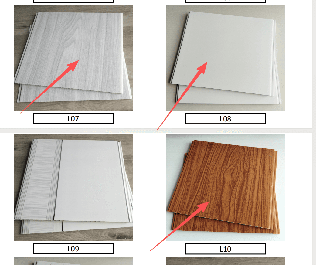 Muestras de cielo raso de PVC L07 L08 y L10